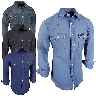 Denim Western Shirt Mens Blue Wash Cotton Snap Pocket Flaps Contrast Stitching $22.95
