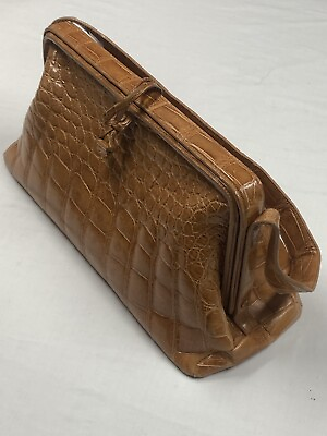 LAI Italy Reptile Embossed Honey Brown Leather Structured Doctors Bag Purse $119.99