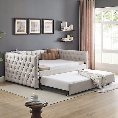 #ad Upholstered Daybed with Trundle Twin Full Size Day Bed Tufted Sofa Bed Furniture $578.99