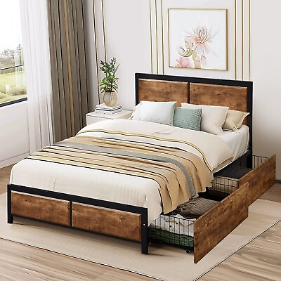 #ad Bed Frame with 4 Drawer Storage Full Queen Size Platform Bed Wooden Headboard $255.35