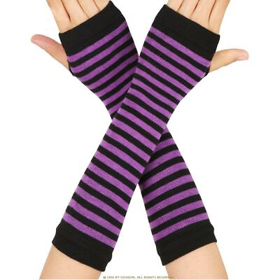 #ad Women Striped Knitted Fingerless Gloves Arm Warmers Long Sleeve Elbow Mittens $9.79