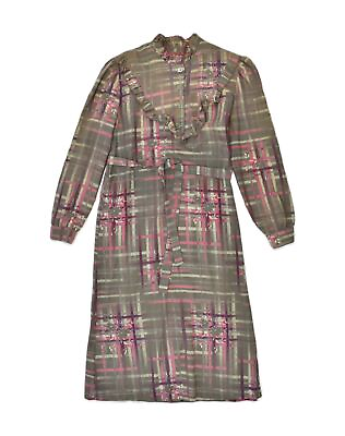 VINTAGE Womens Ruffle Front Maxi Dress IT 48 XL Khaki Check Wool Flower HB09 #ad GBP 15.53