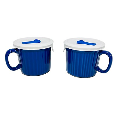 #ad Set Of 2 Corningware Colours 20 oz Stoneware Blue Soup Mugs With Vented Pop Lids $25.46