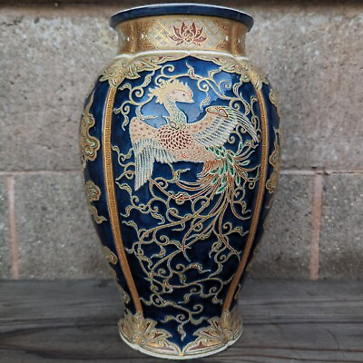 #ad Lg. Antique Japanese Imperial Satsuma Gosu Blue Ceramic Vase Dragon Phoenix 12quot; $4999.99