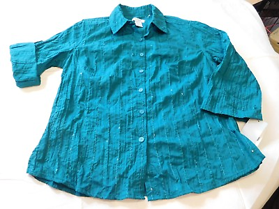 #ad City Blues by Koret 3 4 Sleeve Button Up Shirt S Womens Missy Gem Green NWT $20.79