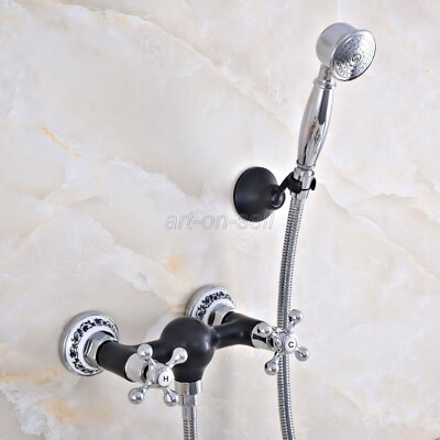 #ad Black Chrome Brass Dual Cross Handles Wall Mount Bathroom Hand Held Shower $70.35