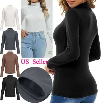 #ad Turtleneck Long Sleeve Basic Knit Top Shirt Stretch Cotton Solid Ribbed T Shirt $12.37