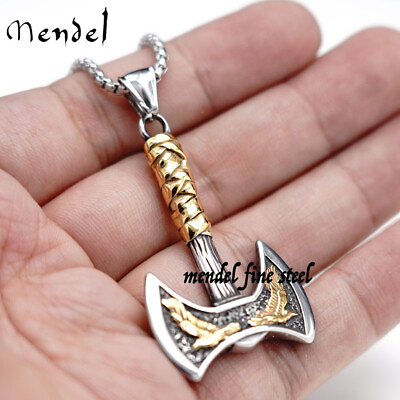 MENDEL Mens Gold Plated Nordic Viking Raven Axe Pendant Necklace Stainless Steel $11.99
