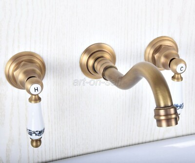 Antique Brass Dual Handle 3 Hole Wall Mount Widespread Bathroom Basin Faucet $67.26