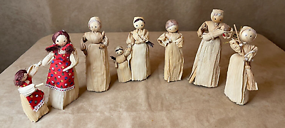 #ad Vintage Lot of 8 Corn Husk Dolls vintage handmade women children thanksgiving $39.38