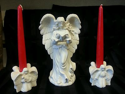 Bisque Porcelain Angel with bible songbook hymnal with two angel taper holders $24.00