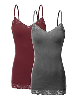 #ad Women#x27;s and Juniors Adjustable Spaghetti Strap Lace Trim Long Camisole Tank Top $25.99