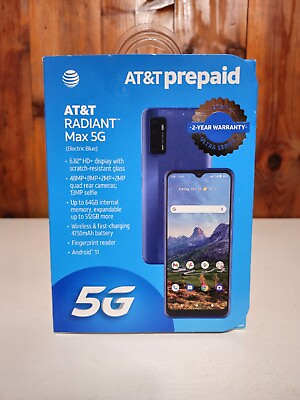 #ad ATamp;T RADIANT Max 5G 6.8quot; HD 64GB 48MP Blue Prepaid Smartphone SEALED $66.90