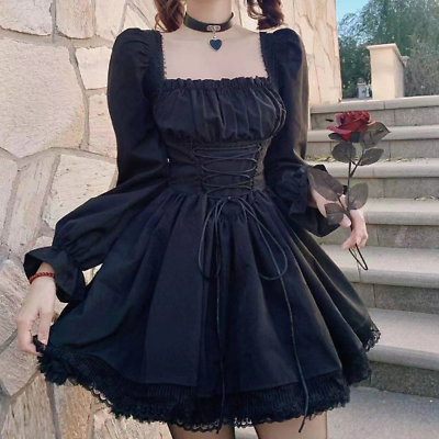 Long Sleeves Lolita Black Dress Goth AestheticPuff Sleeve HighWaist BandageLace $31.51