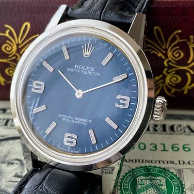#ad Rolex Oyster Perpetual Round Analog Wristwatch Blue Dial Leather Band Men#x27;s $3790.50