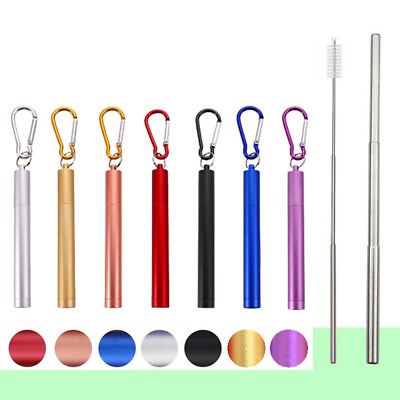 #ad Reusable Telescopic Drinking Straw Stainless Steel Portable Cleaning Brush Set C $6.19