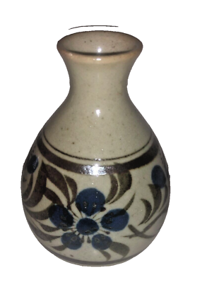 #ad Pottery Pear Shaped Vase Beige Brown Metallic and Blue Floral $11.99