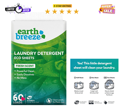 #ad Earth Breeze Laundry Detergent Sheets Fresh Scent No Plastic Jug 60 Loads $12.99