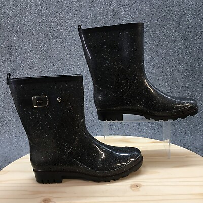 #ad Capelli New York Rain Boots Womens 10 Black Rubber Pull On Glitter No insoles $27.89