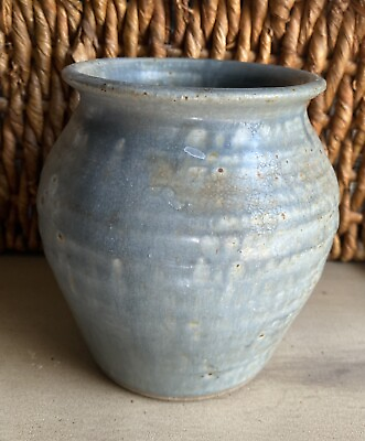 #ad Studio Pottery Vase Crock Blue Green Glazed 5.5” Tall SIGNED $12.00