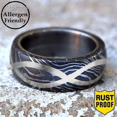#ad Customized 8mm Silver Infinity Inlay Damascus Steel Sleeve Ring Mens Band Forged $89.00