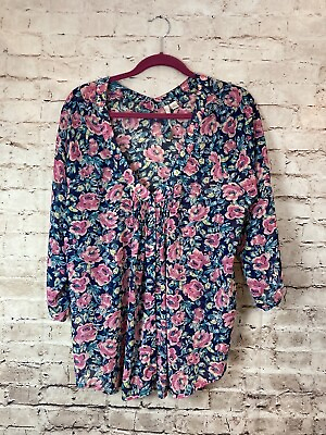 LC Lauren Conrad Shirt Womenâ€™s XL Blue amp; Pink Rose Floral V Neck Boho Hippie $17.09