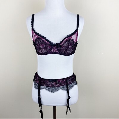#ad Agent Provocateur Purple Black Bra Garter Set 32B Small Sexy Seductive Lust $165.00