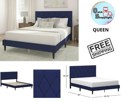 #ad Queen Size Bed Frame Wood and Metal Upholstered Queen Platform Bed Wooden Slats $158.99