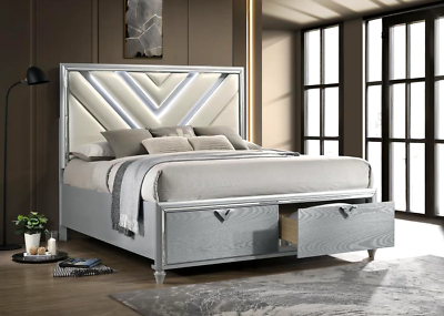 #ad GLITZY GEOMETRIC SILVER GREY WHITE FAUX LEATHER LED QUEEN STORAGE BED FURNITURE $999.00