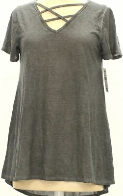 #ad Women#x27;s Short Sleeve Crisscross Neck Grey Long Semi Sheer Top Small $5.60