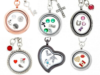#ad Four 4 of Floating Lockets with Necklaces Choose Round Heart Silver Gold etc $11.88