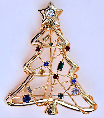 #ad Christmas Tree Brooch Pin Gold Tone Frame Rhinestones Star Wire Wrapped $15.99