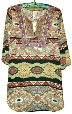 #ad BOHO Hippie Geometric Festival Colorful 3 4 Sleeve Tunic Top SZ Small NWT $19.99