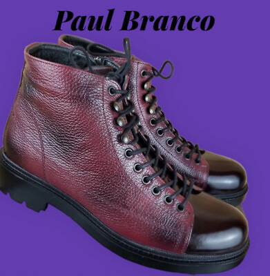 #ad Paul Branco Boots Mens Side Zip Lace Up Burgunday Leather Size 11 Medium New $95.00
