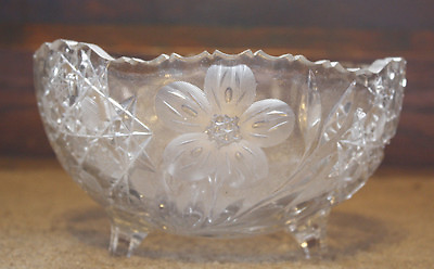 #ad Clear Cut Glass Candy Dish Diamond Pattern Flowers Leaves Candy Four Footed Dish $12.95