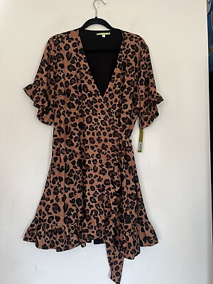 #ad Gianni Bini Dress Size XL Leopard Print Wrap Ruffle Detail Belt Mid Dress $39.99