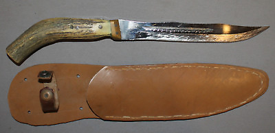 #ad VINTAGE HAND MADE STEEL HUNTING KNIFE WITH BONE HANDLE AND SHEATH $102.96