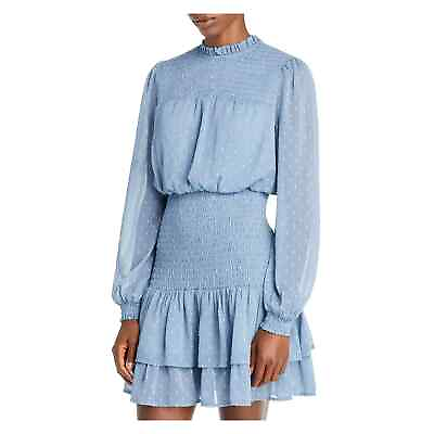 #ad Aqua Dress Medium Blue Metallic Smocked Mock Neck Tiered Long Sleeve Fit Flare $17.84
