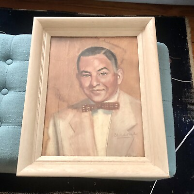#ad Vintage Pastel Portrait Painting Signed CASSONE Handsome Man Mid Century Frame $250.00