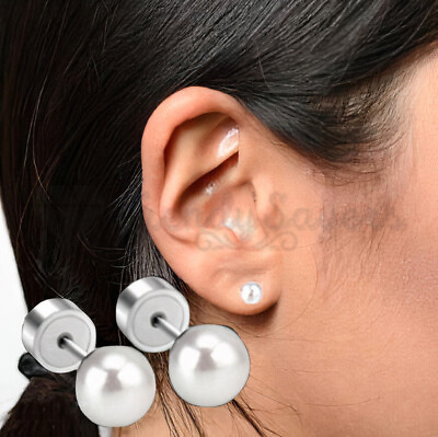 #ad 6mm Silver Women Stainless Steel Screwback White Pearl Round Ball Stud Earrings GBP 3.99