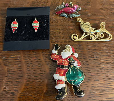 #ad Lot of 4 Vtg Christmas Pins Brooch Earrings Monet Sleigh SC Cardinal SFJ Santa $14.11