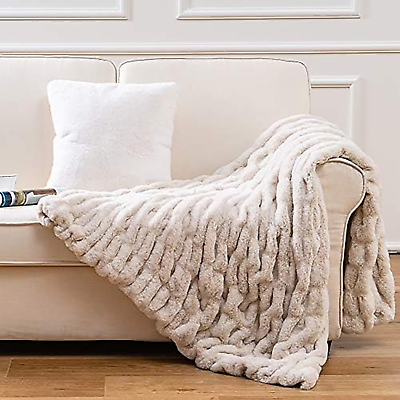 #ad Soft Faux Rabbit Fur Throw Blanket 50quot; X 60quot; Elegant Ruched Design Blanket M $85.99
