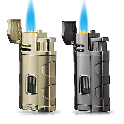 #ad Cigar Lighter Butane 3 Torch Jet Flame Lighter With Cigars Cutter Punch Accessor $14.19