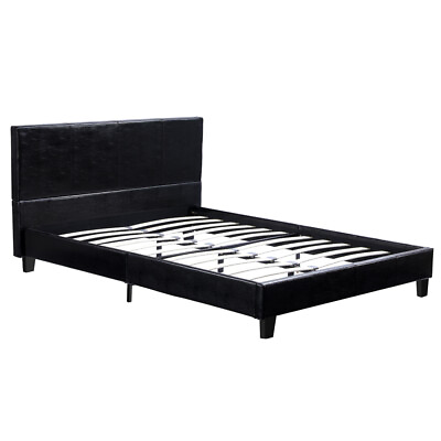 #ad Twin Full Queen Bed Frame Platform Bed Wooden Slat Support PU Bed Frame Black $115.89