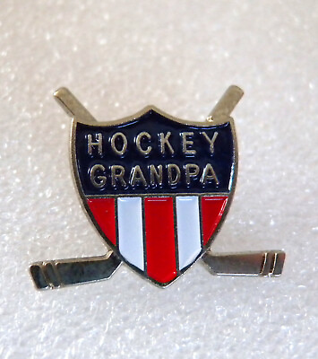 #ad Hockey Grandpa Lapel Hat Pin Red White amp; Blue Shield Crossed Hockey Sticks $14.95