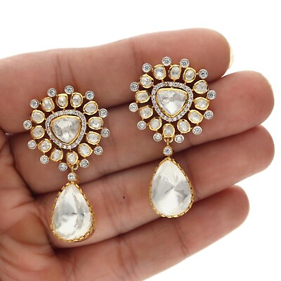 #ad 925 Silver Handmade Kundan Polki Victorian Earrings $143.10