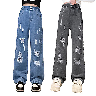 Girls Pants Elastic Waist Kids Pants Baggy Denim Trousers Cowboy Jeans Pants #ad $18.13