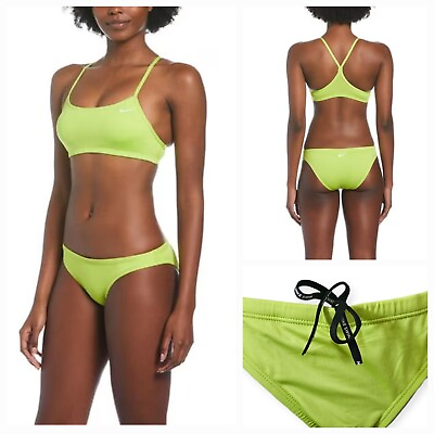 Nike Women Essential 2 Piece Racerback Swimsuit Bikini Set Neon Green Size L NEW $46.99
