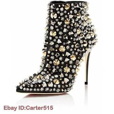 #ad Women Short Boots Gold Silver Black Studs Zip Stiletto Heels Ankle Booties Shoes $128.30