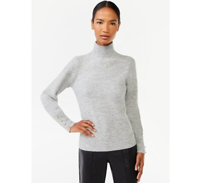 Scoop Women#x27;s Long Sleeve Button Cuff Turtleneck Sweater Size M 8 10 Light Grey $21.51